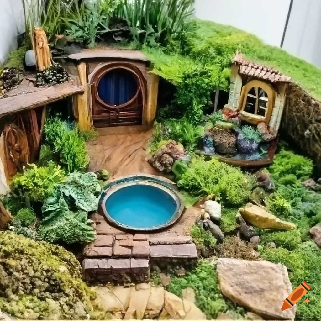 Terrarium with hobbit house and lake puddle in a diorama