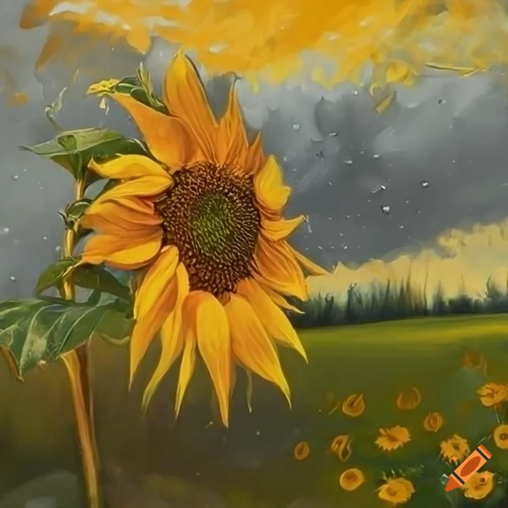 Meadow filled with sunflowers under rainy clouds in a detailed painting