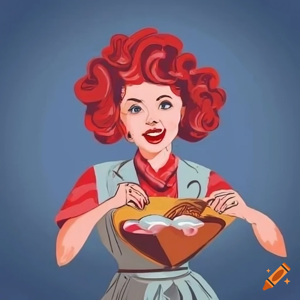 Middle-aged Jewish woman with red curls cooking in a vintage kitchen