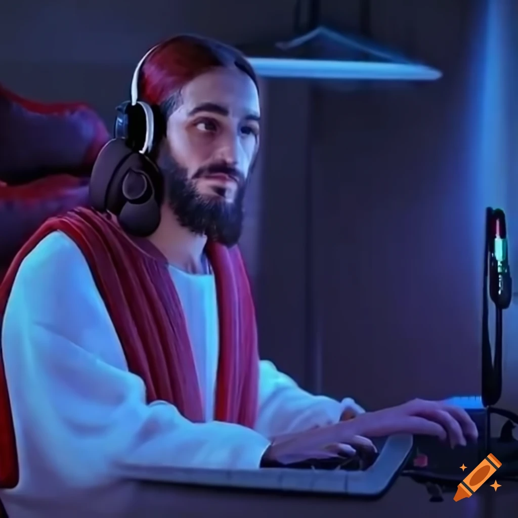 Jesus with headphones in a gaming room