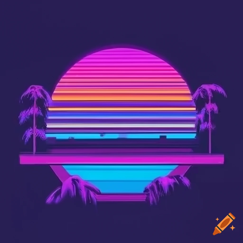 Retro 80s-inspired design with neon colors and palm trees in a sunset vaporwave aesthetic