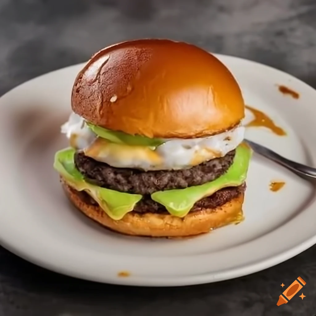 Surreal burger with Oreo-crusted patty, fried egg, and greenish sauce