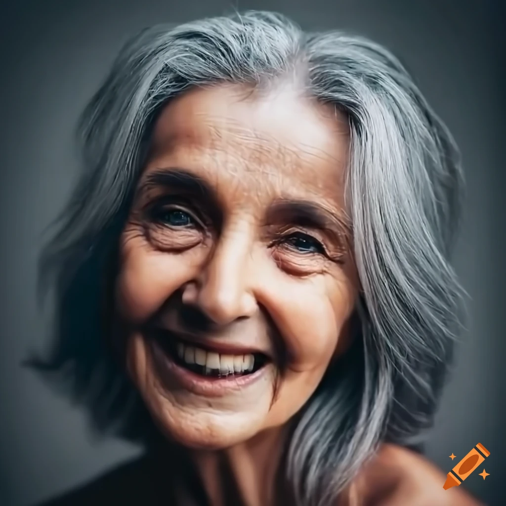 Senior woman with long grey hair and black tank top smiling at camera