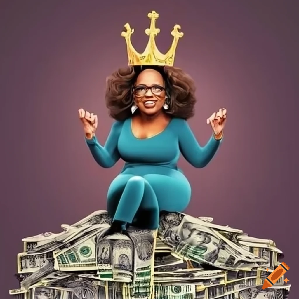 Famous talk show host on a throne surrounded by wealth and butlers