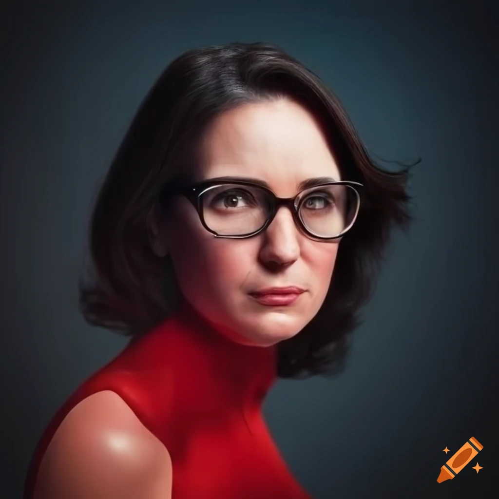 Brunette woman politician wearing glasses in a formal red dress