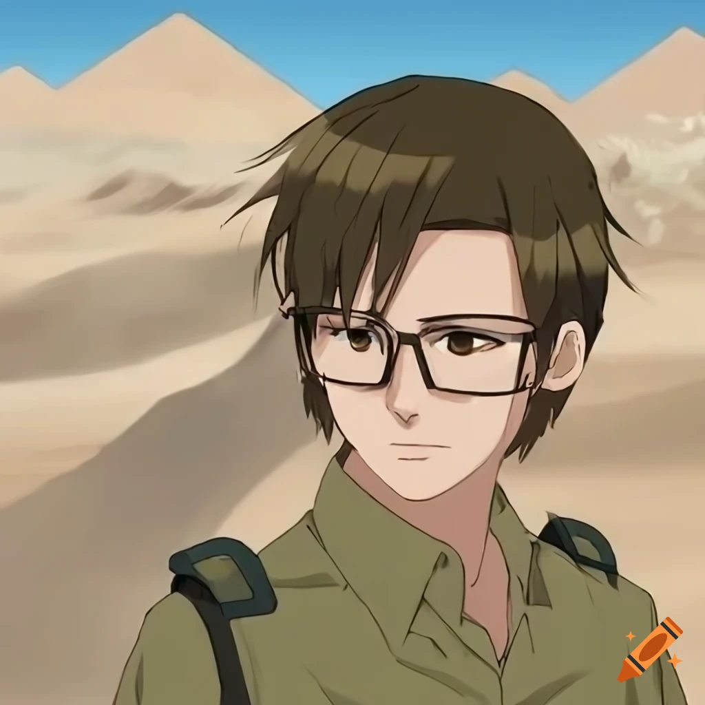 Anime desert soldier with metal frame glasses in a desert setting