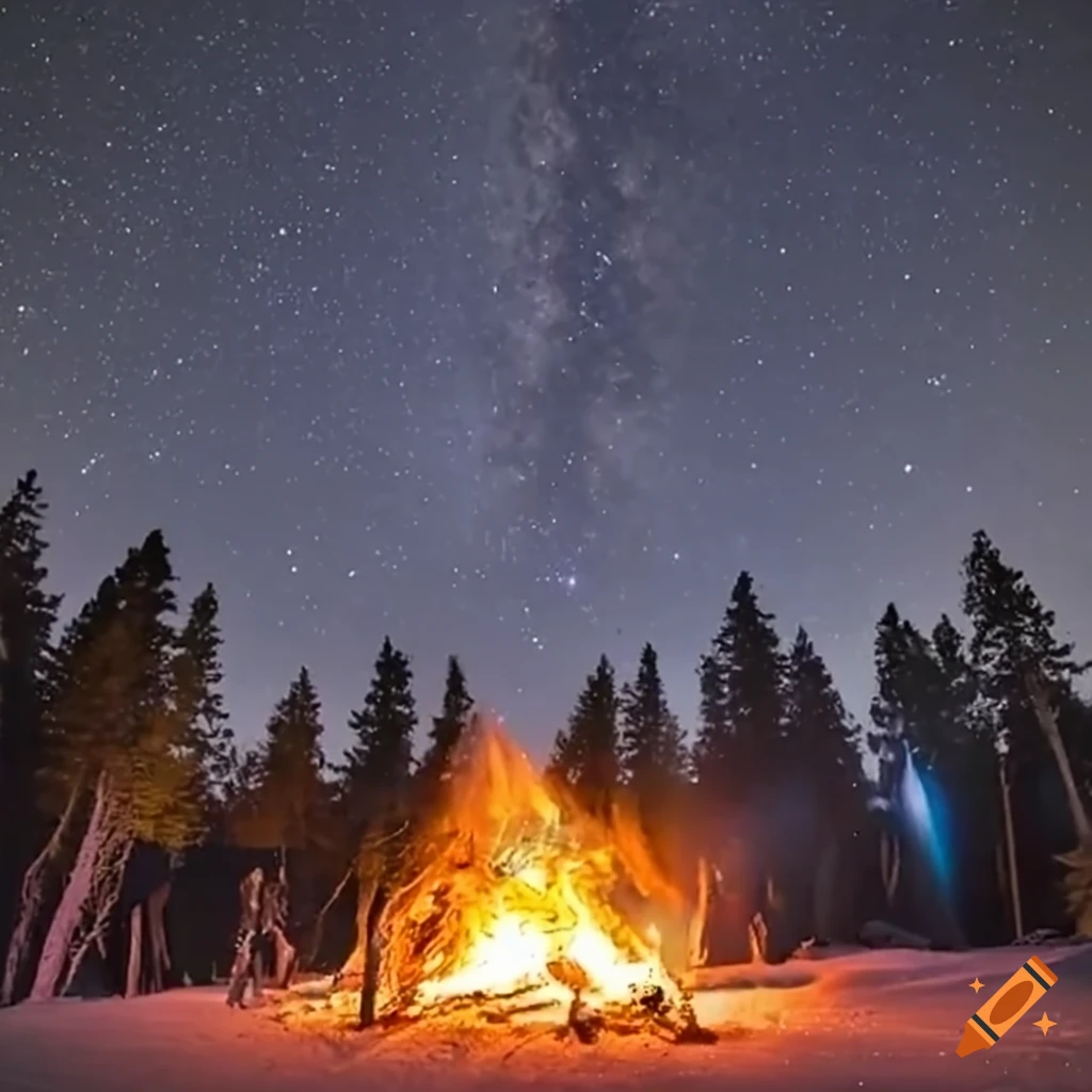 Scouts in front of a campfire under a starry sky