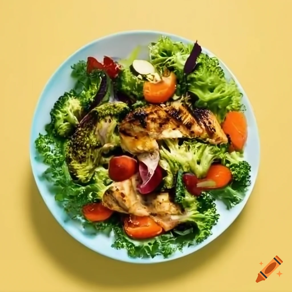 Healthy garden salad with lettuce, charred broccoli, sliced carrots, and grilled chicken