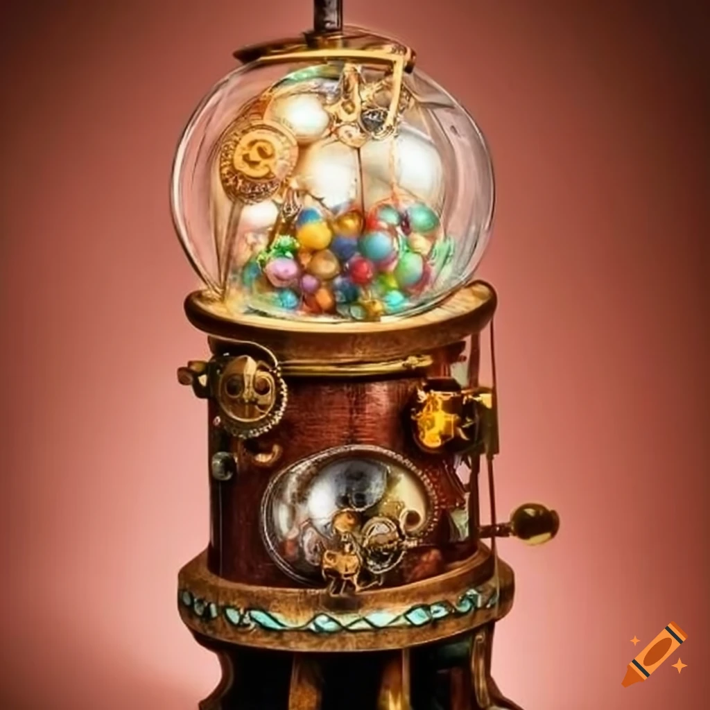 Enchanting steampunk gumball machine with spiral base and glowing aura