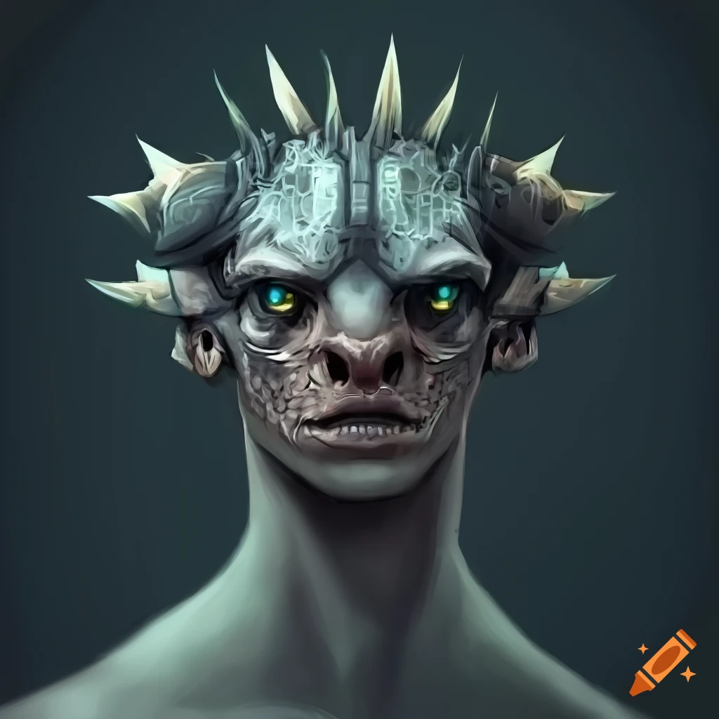 Sci-fi fantasy lizard-like humanoid with black eyes, dark skin, and spikes