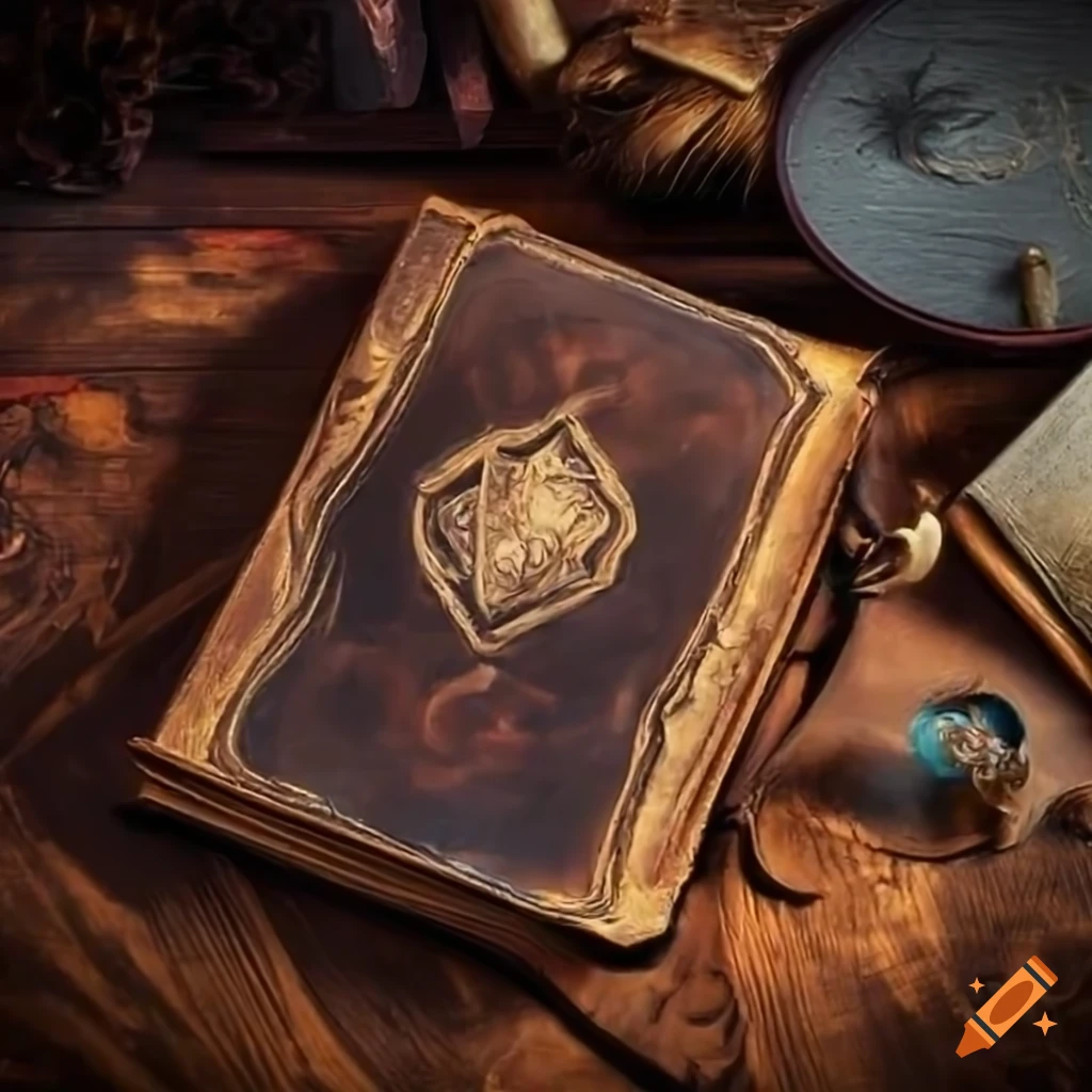 Ancient spell book on wooden table in a witch's atelier, top view