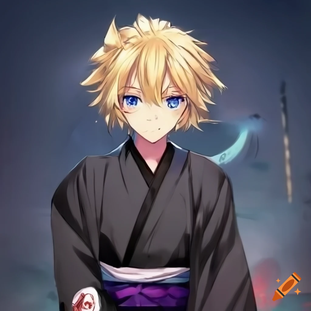 Anime character with blond hair and blue eyes in a formal black kimono