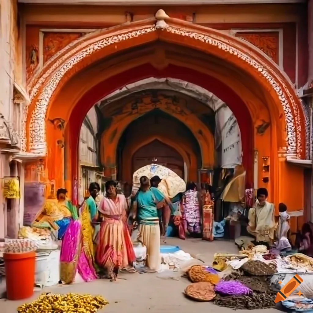 Colorful bustling Indian market with vendors selling spices and exotic ...