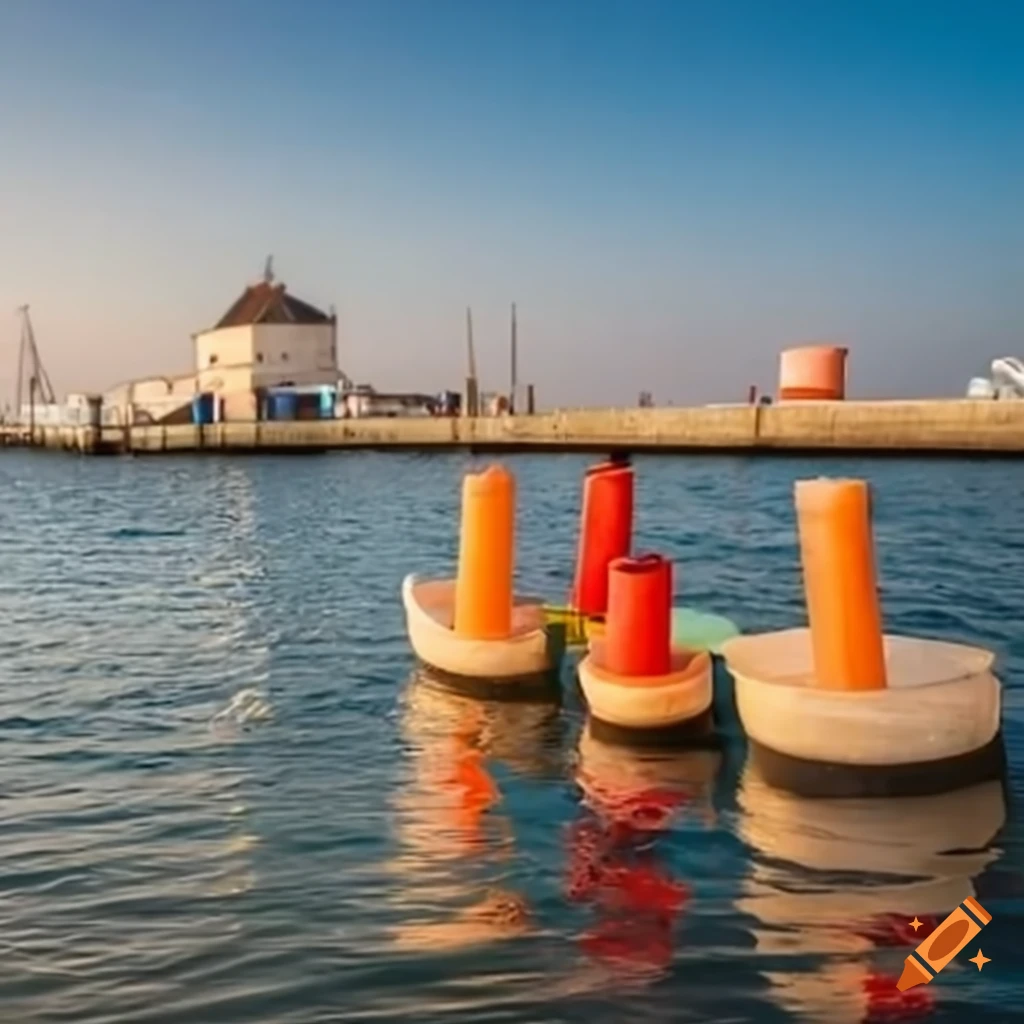 DIY float made of plastic barrels and wood at the harbor pier with water in focus