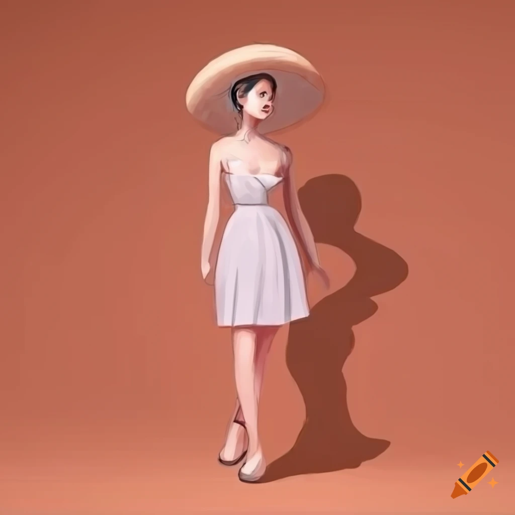 Beautiful female model in a brown dress and hat, pastel artwork