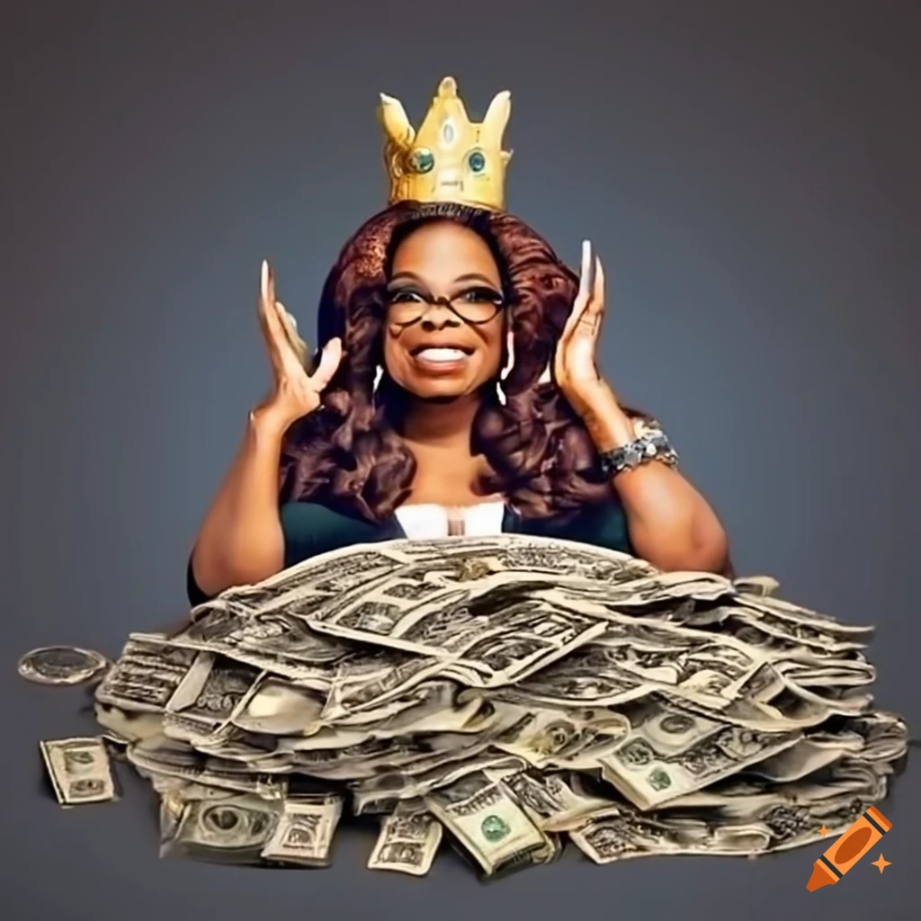 Famous talk show host on a throne surrounded by wealth and butlers