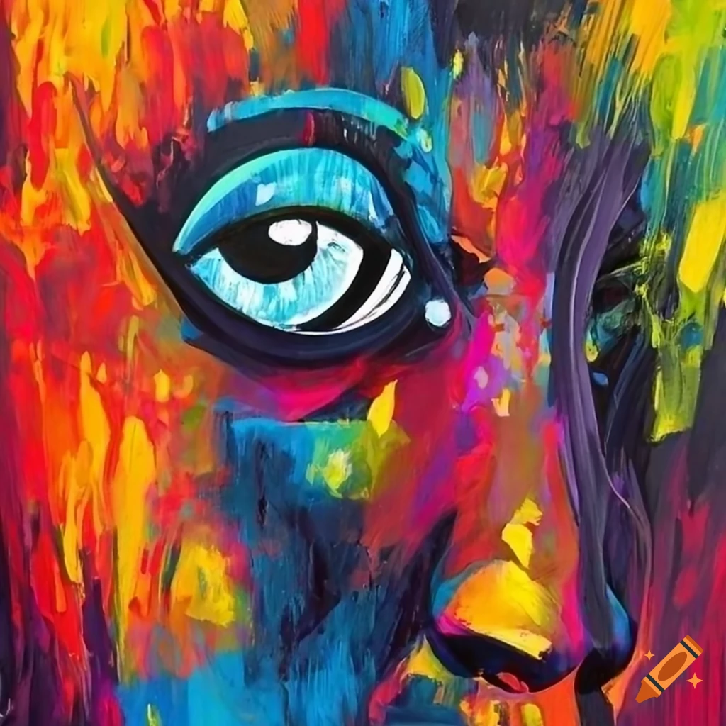 Abstract knife painting of tribal face in vibrant colors and black lines
