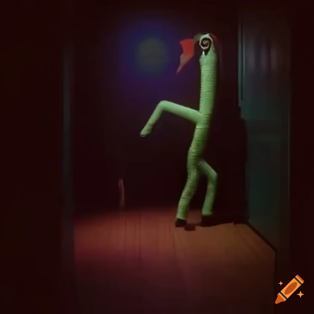 Colorful tall skinny children's mascot monster with bulgy eyes crawling