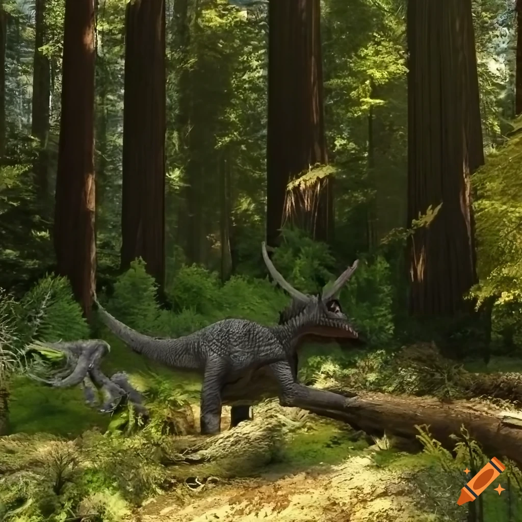 Styracosaurus pair walking in a sunny forest clearing with low fern undergrowth