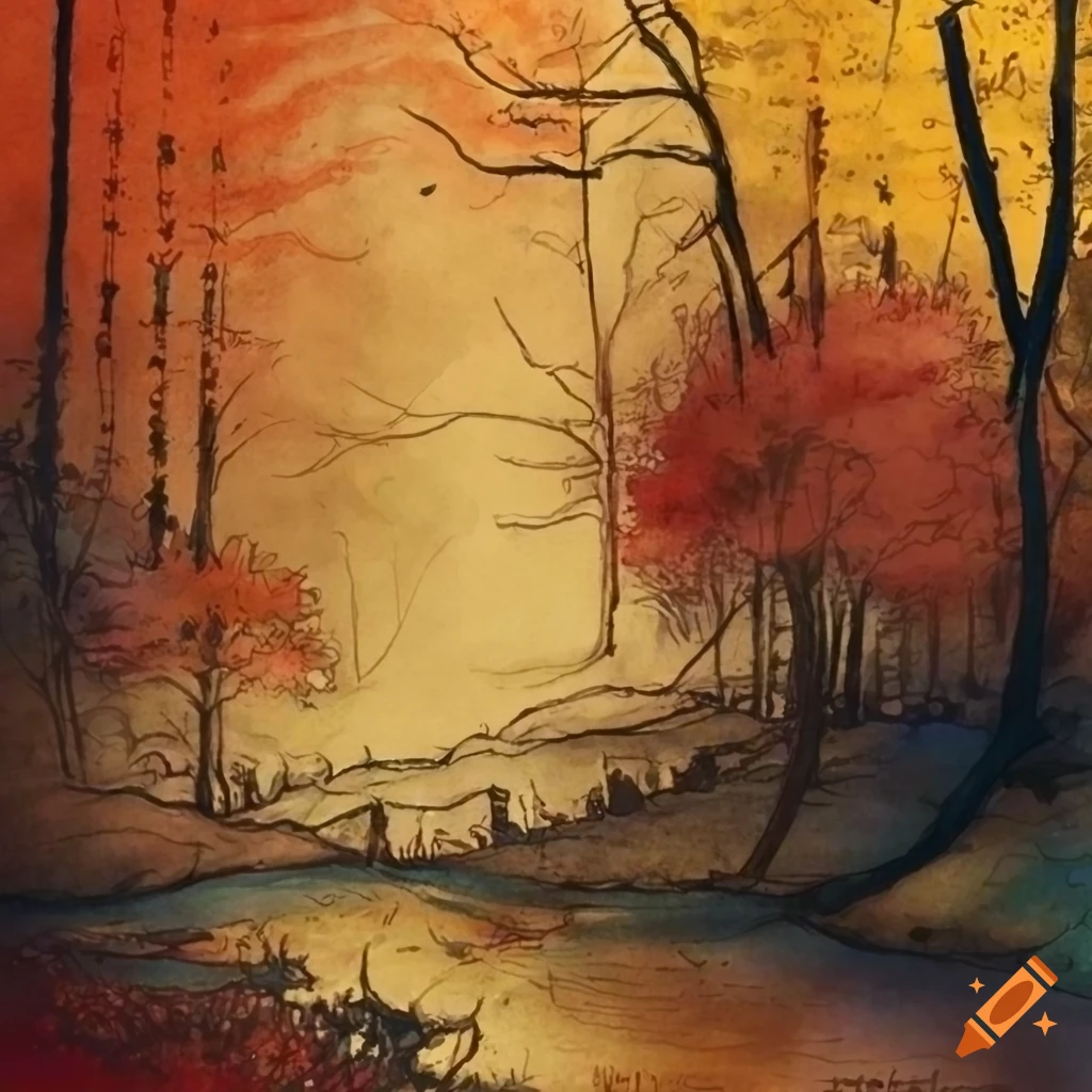 Beautiful intricate landscape with autumn trees in soft watercolor by ...