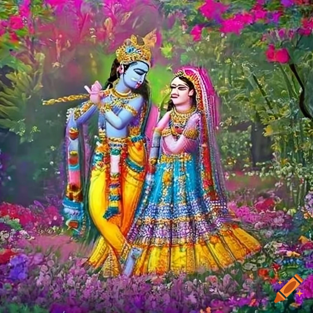 Radha and Krishna in a colorful twilight garden surrounded by vibrant flowers