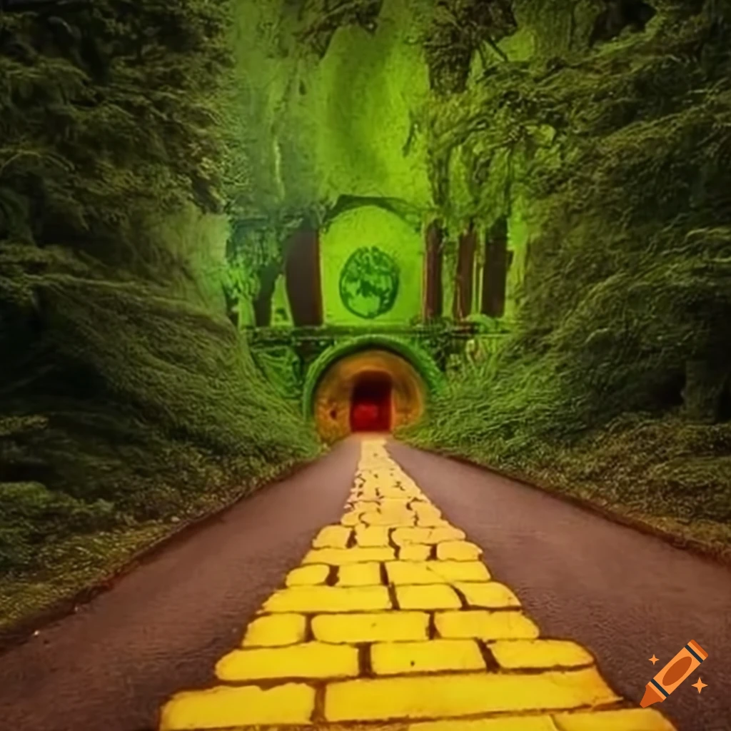 The Green Witch and Toto from the Wizard of Oz on the Yellow Brick Road