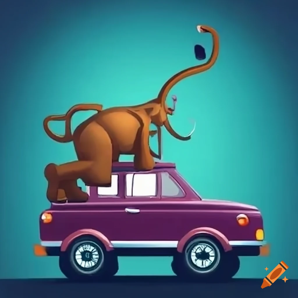 Man searching for car keys under a lamp post near an elephant sitting on his car