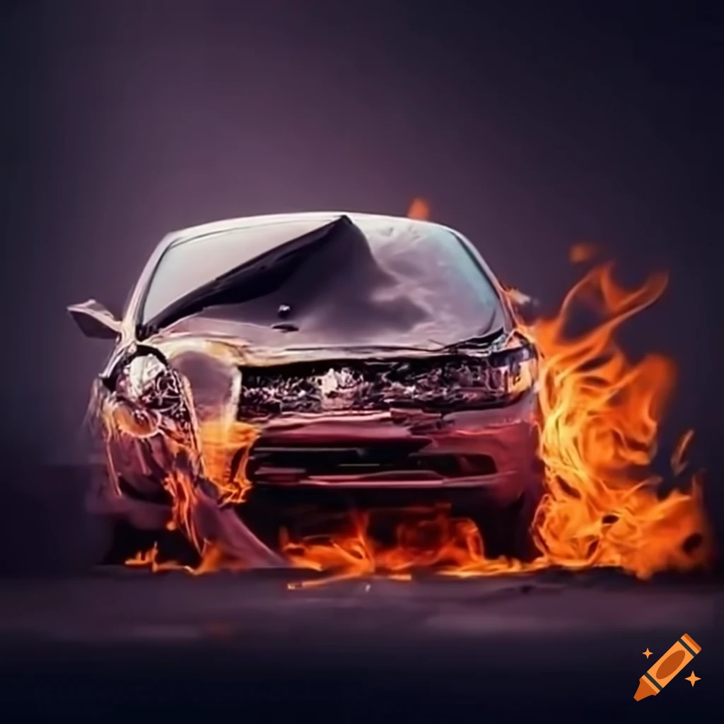 Car accident scene with engine on fire