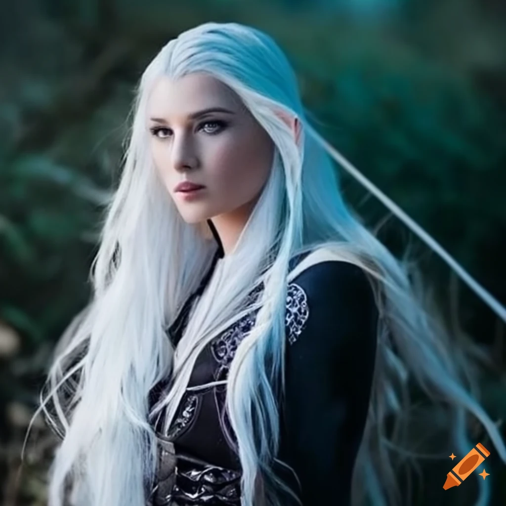 Elven ranger with long white hair, black eyes, and intricate braids