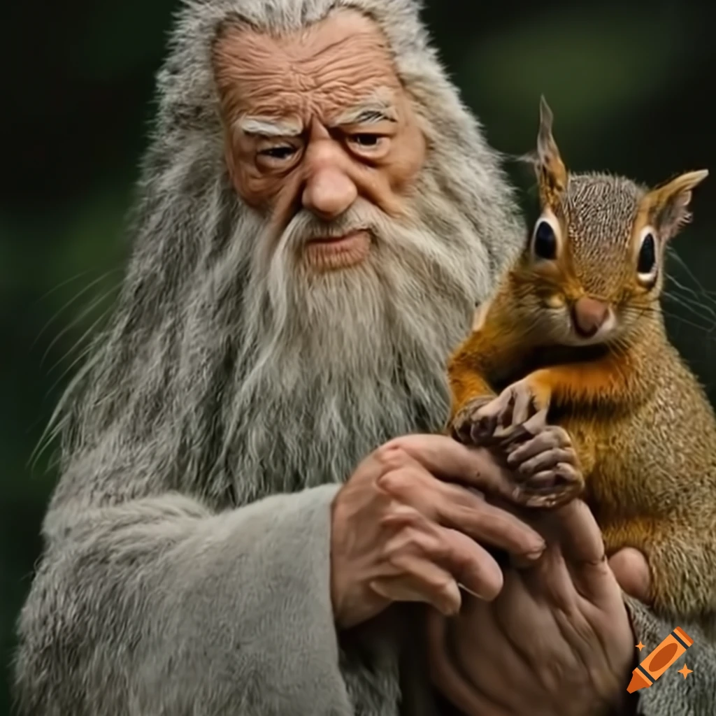 Gandalf shaking hands with a squirrel