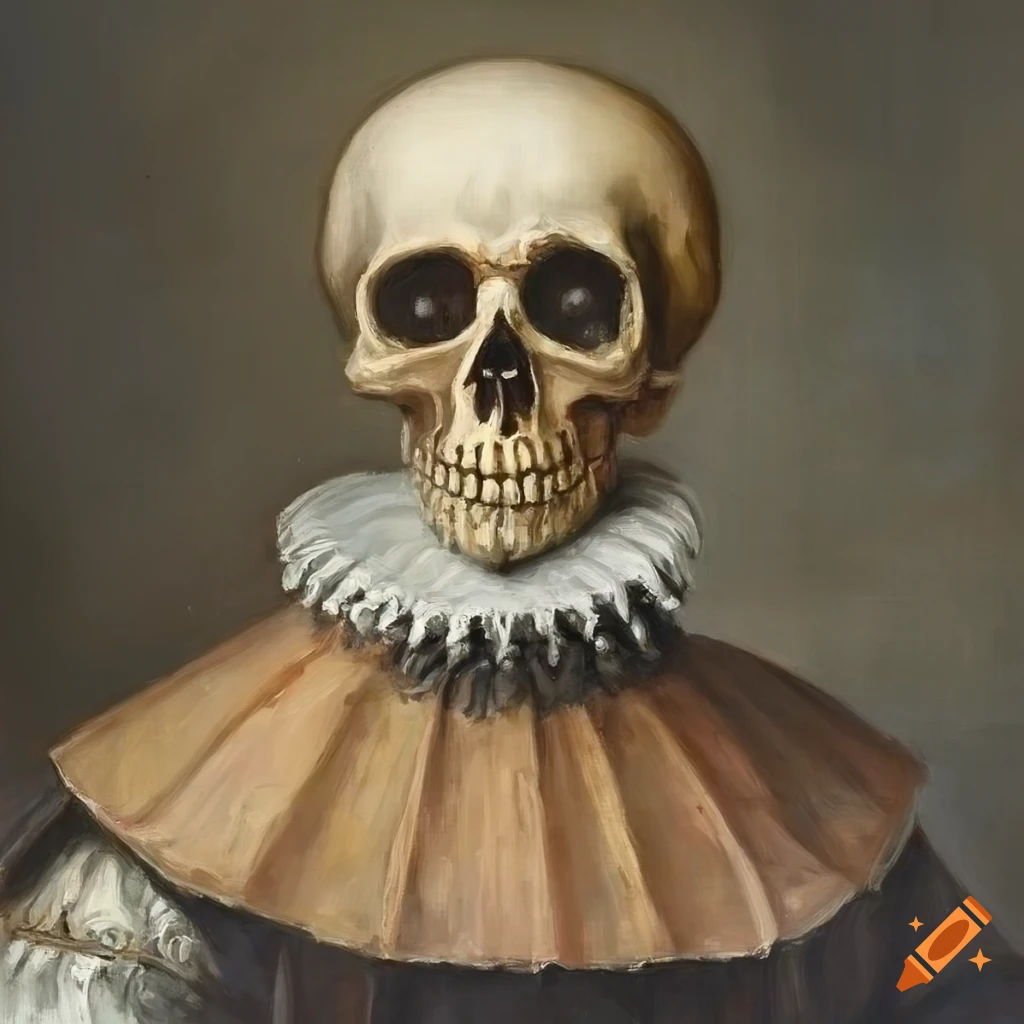 Oil painted portrait of a skull with a ruff collar in renaissance style