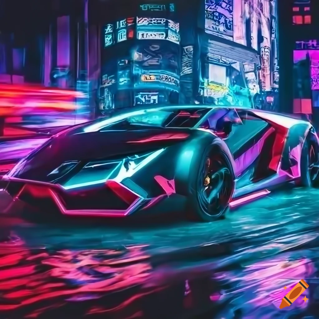Futuristic Lamborghini with cyberpunk neon lights