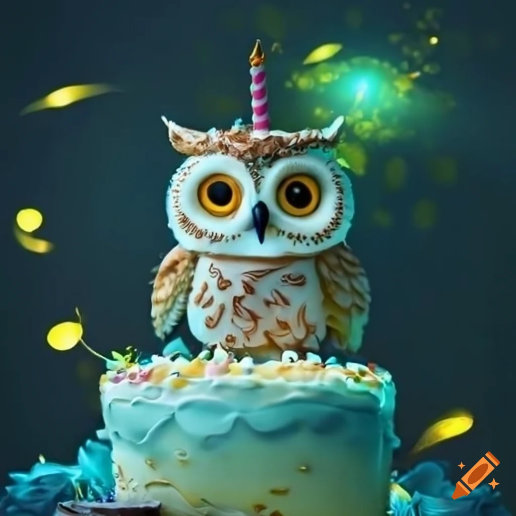 Mystical forest with fireflies and an elegant owl holding a 35th birthday cake