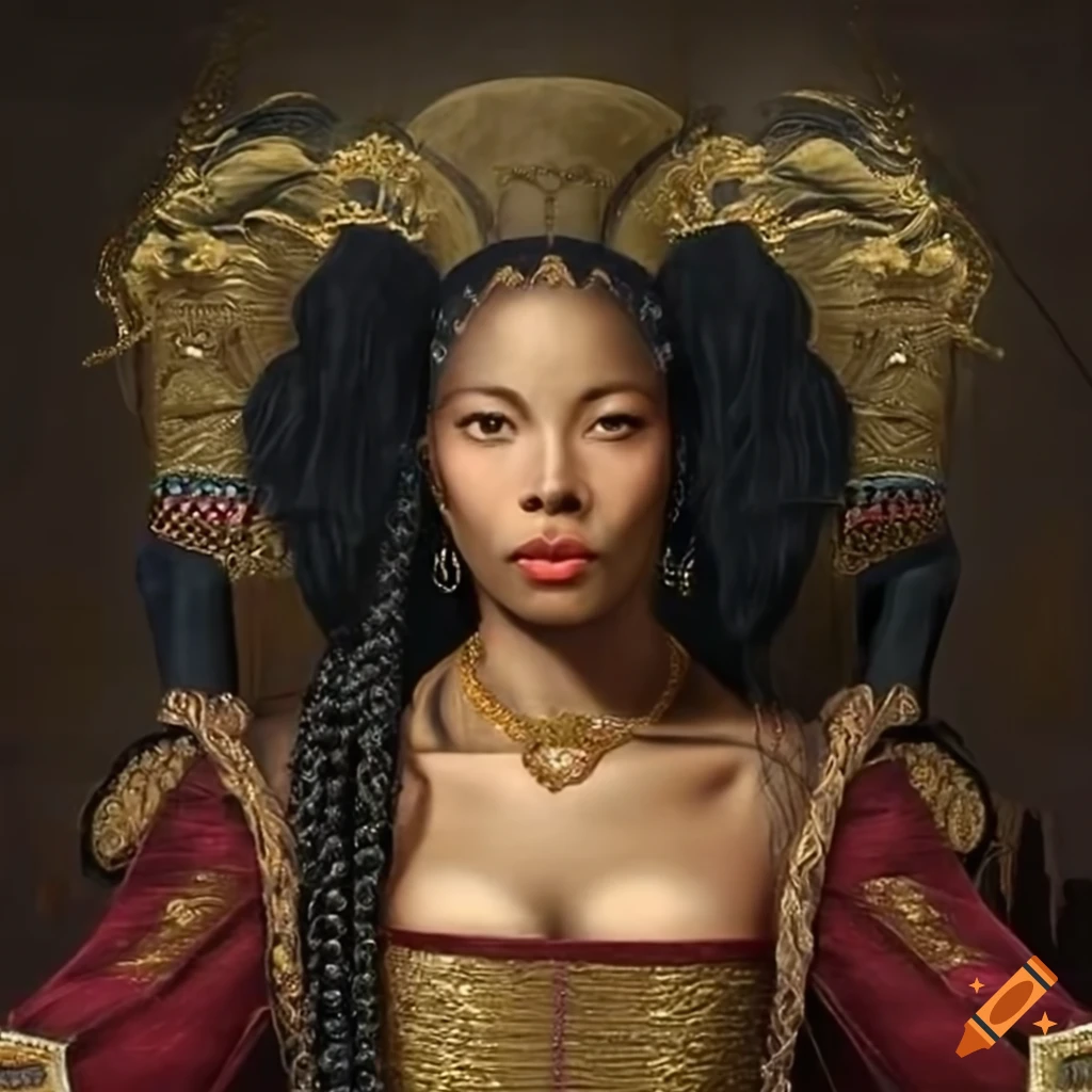 Afro-futurism noblewoman in burgundy gown with cybernetic gold embroidery