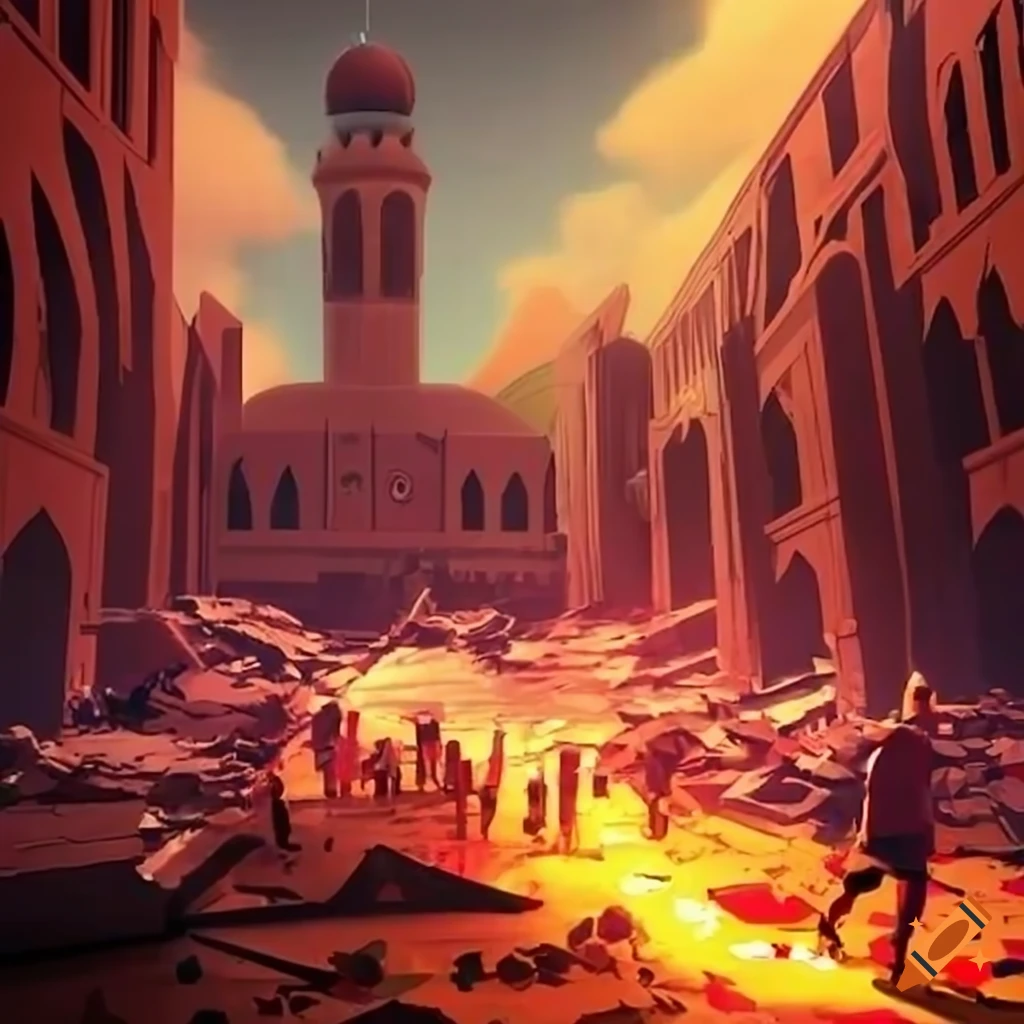 Anime-style chaotic scene of people rushing to a mosque amid a disaster
