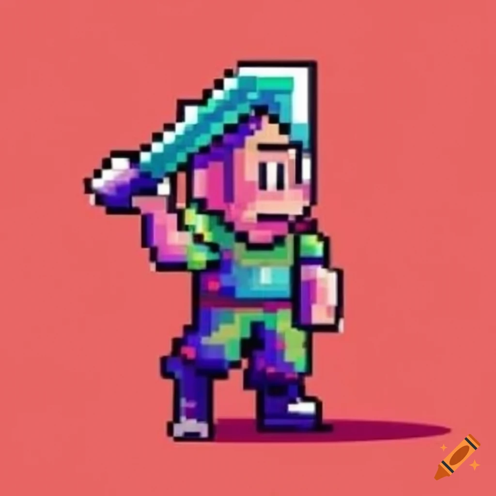 Retro 8-bit video game character with a pixelated sword in vintage arcade style
