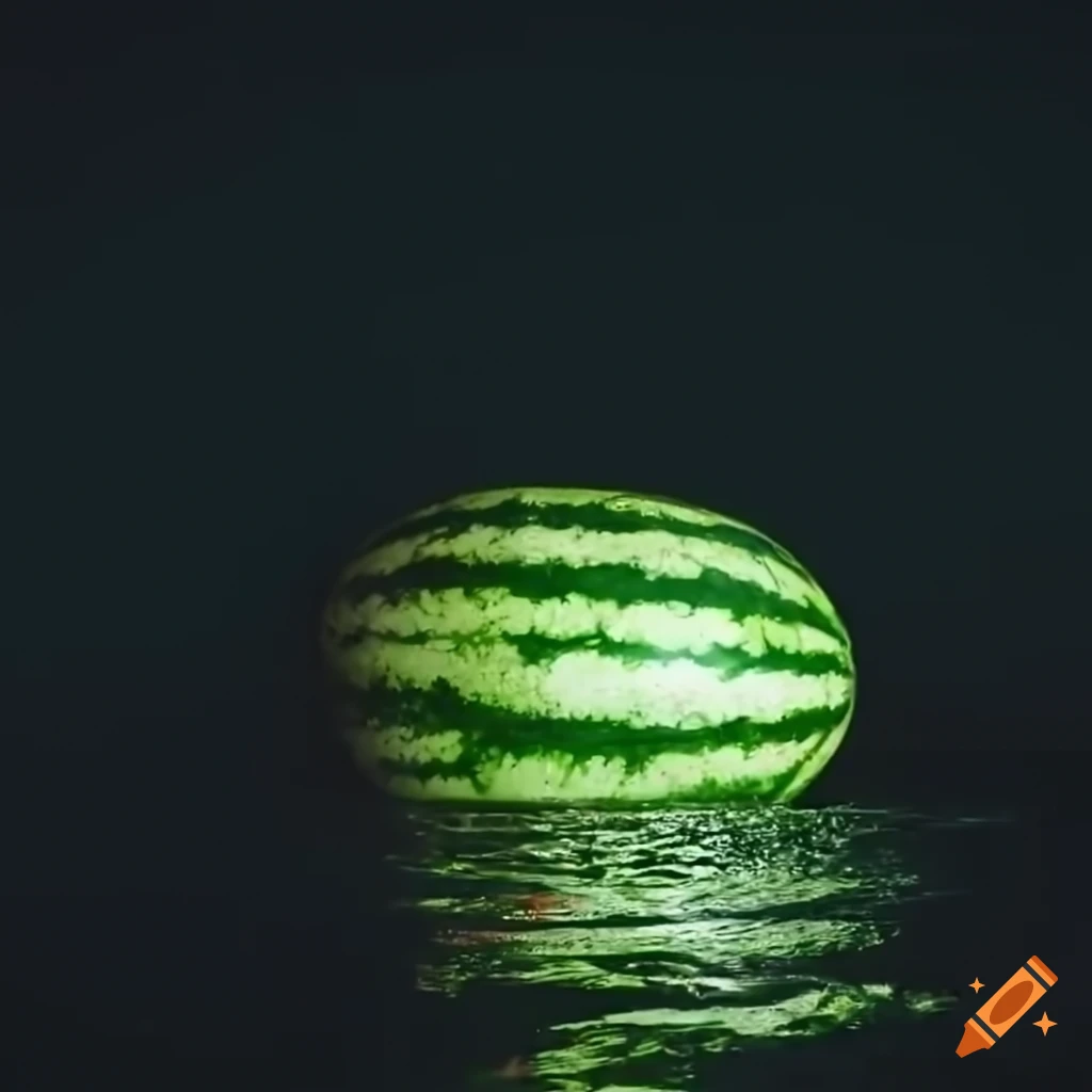 Flying whole watermelon over the ocean at nighttime