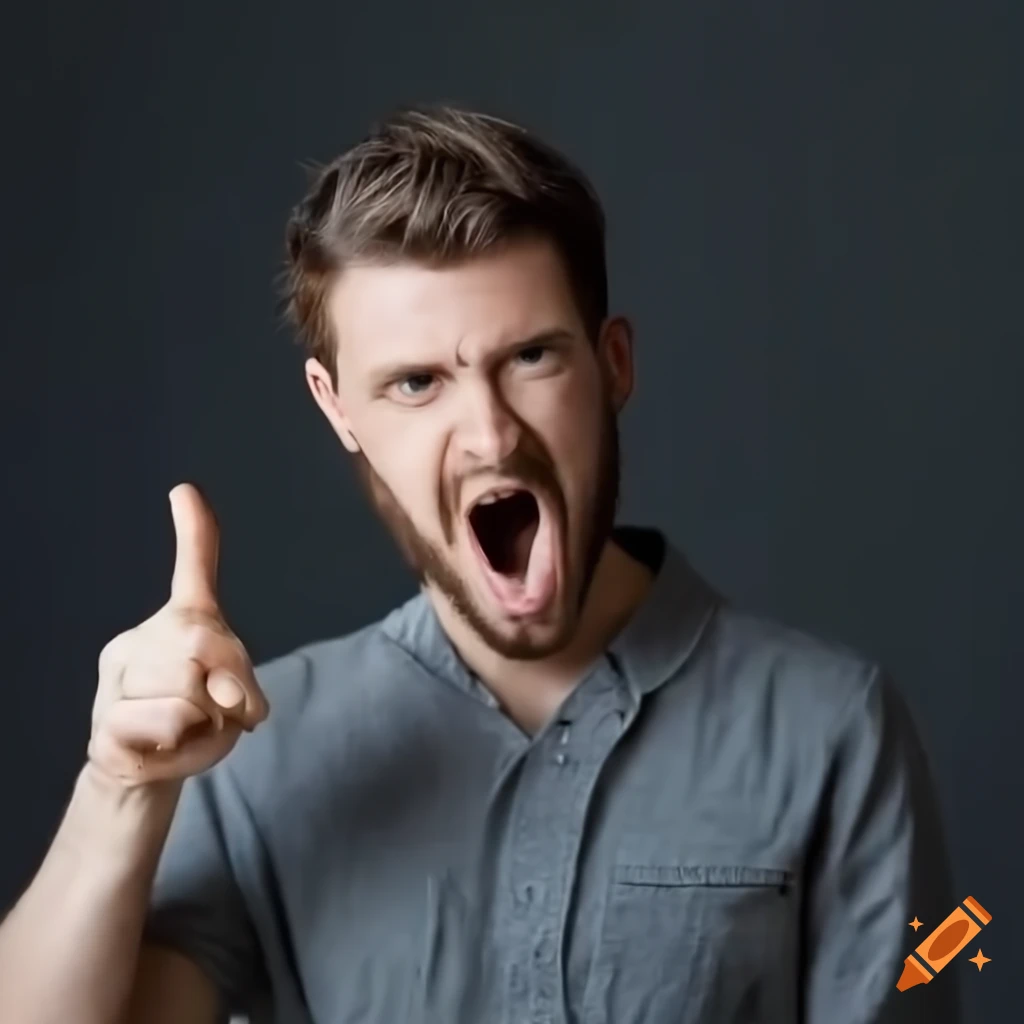 Man in dark gray attire with eyes closed and finger pointing up