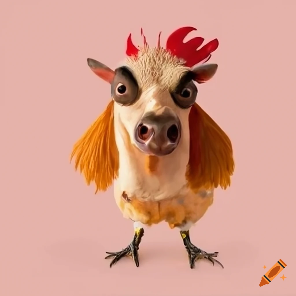 Hybrid animal with the body of a chicken and the head of a cow