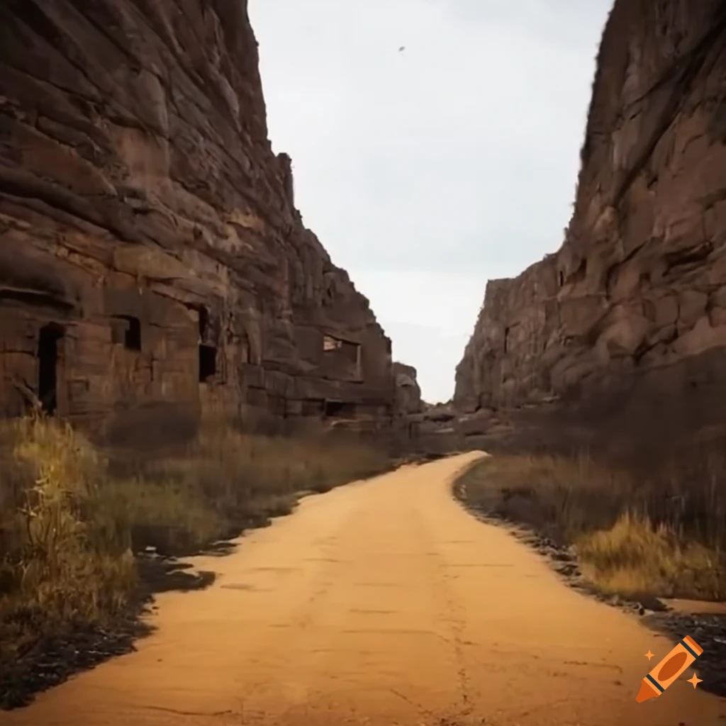 Ruined burned brick roads merging with yellow brick road in a wilderness setting