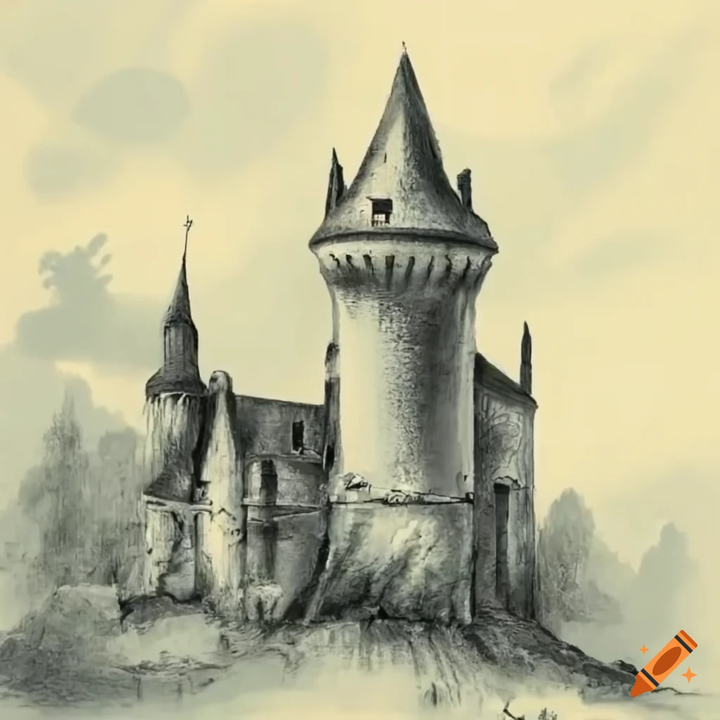 Chateau tower alone with ruins on an island in the middle of a small lake under a storm with crows circling around the tower