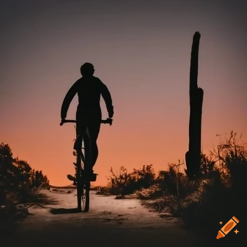Silhouetted bicycle rider among cactus at night