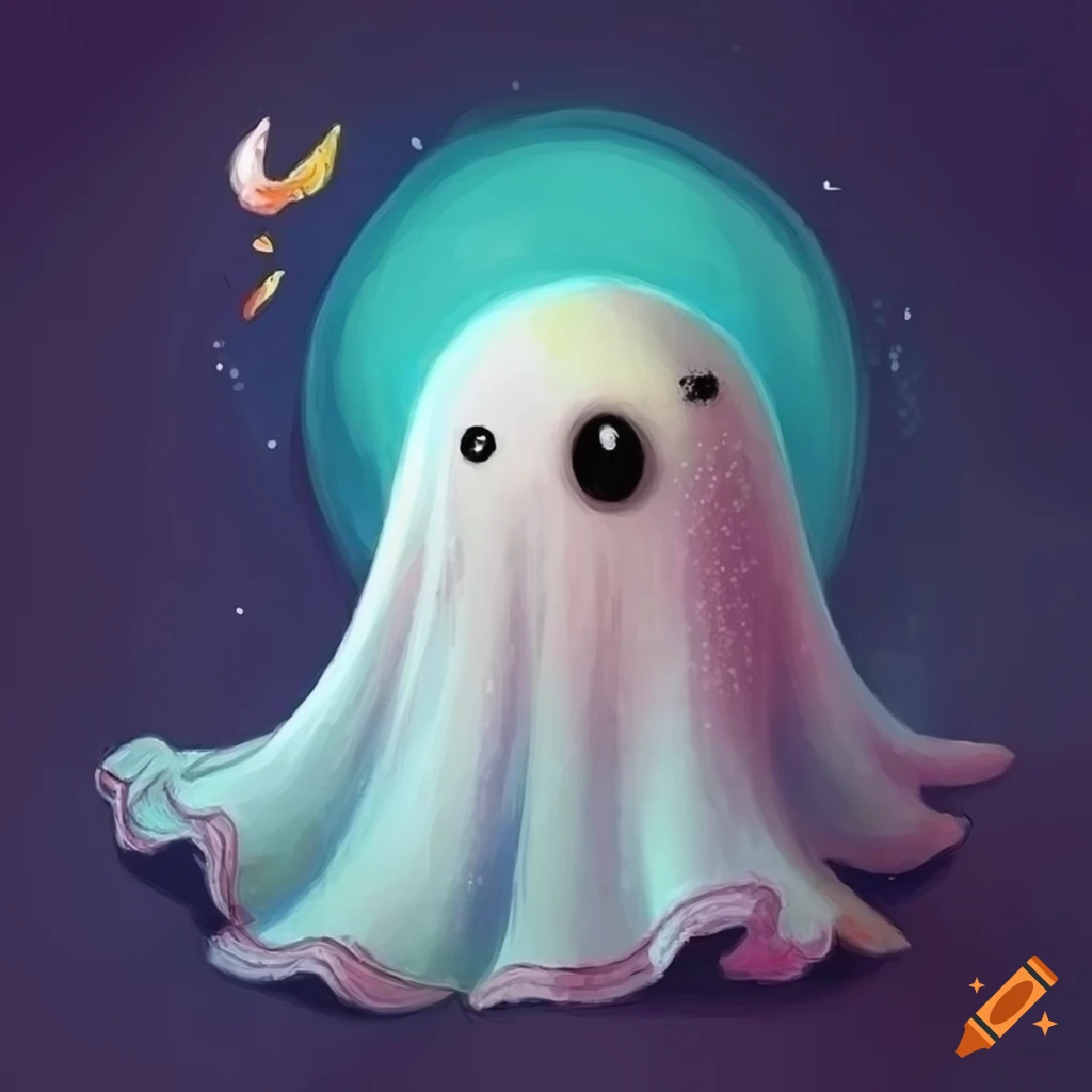 Cute and adorable cartoon embroidery ghost in a dreamlike fantasy setting