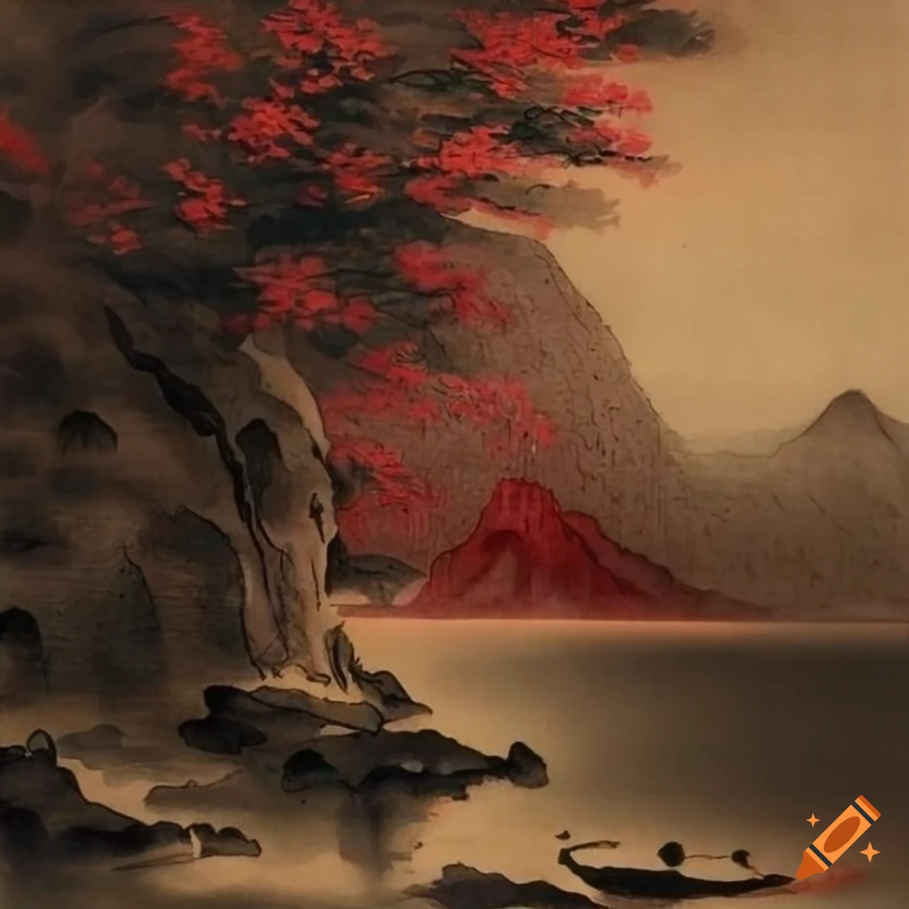 Chinese ink painting of red mountains and blossom trees with music instruments on a rock in a lake