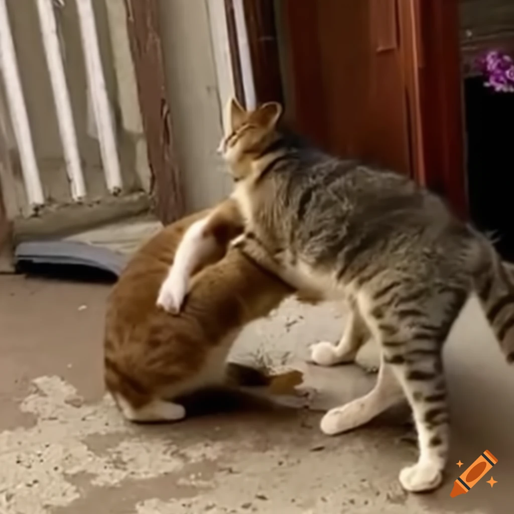 Two stray cats fighting in a shabby front yard