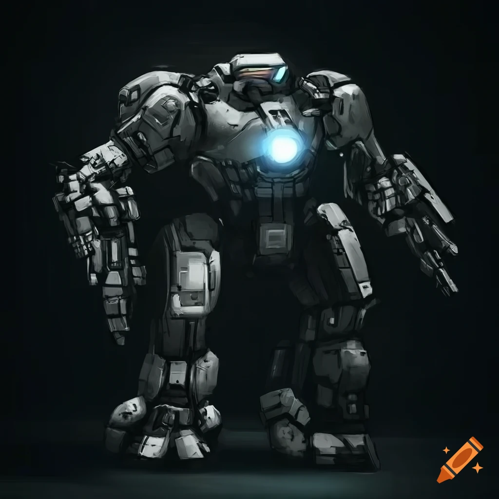 Futuristic black and white high-tech mech in a sci-fi concept art