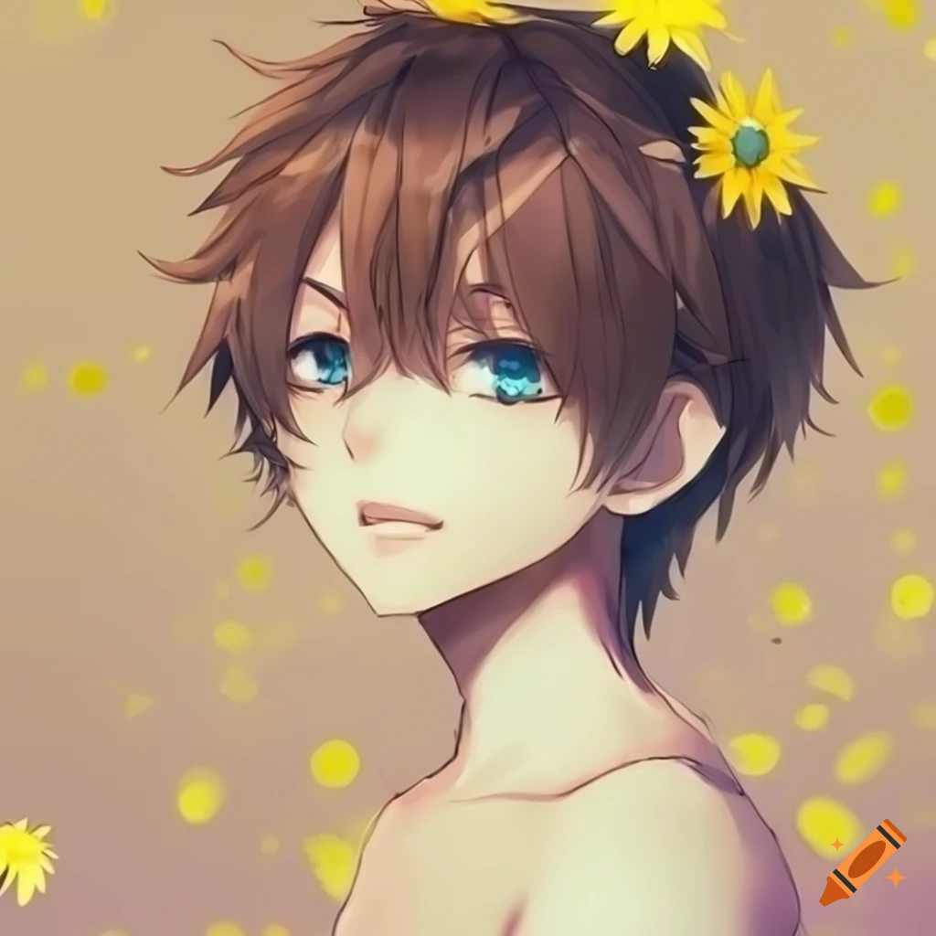 Pale anime boy with dark brown messy hair and blue eyes holding a yellow daisy, wearing a pastel yellow onesie
