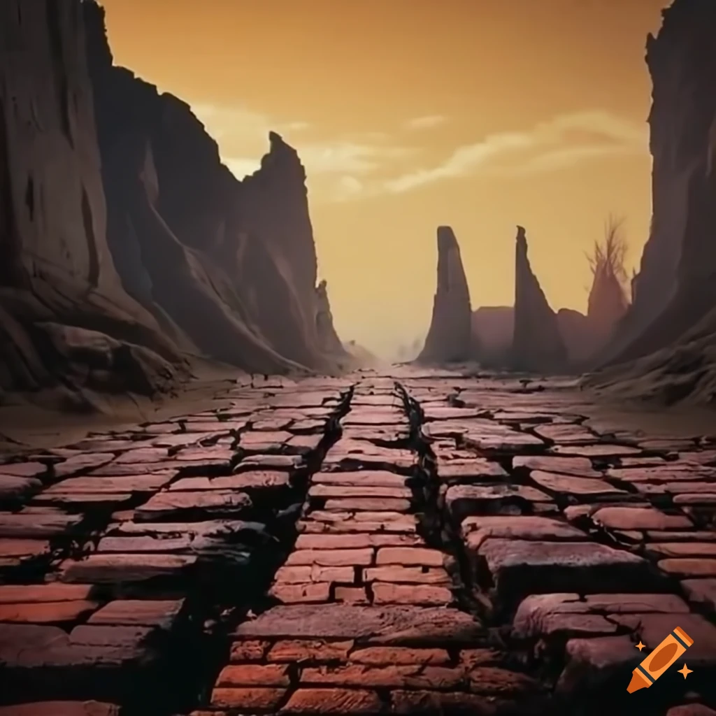 Ruined burned brick roads merging with yellow brick road in a wilderness setting