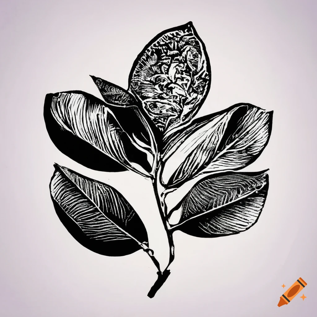 Linocut of two magnolia leaves in black ink on white background