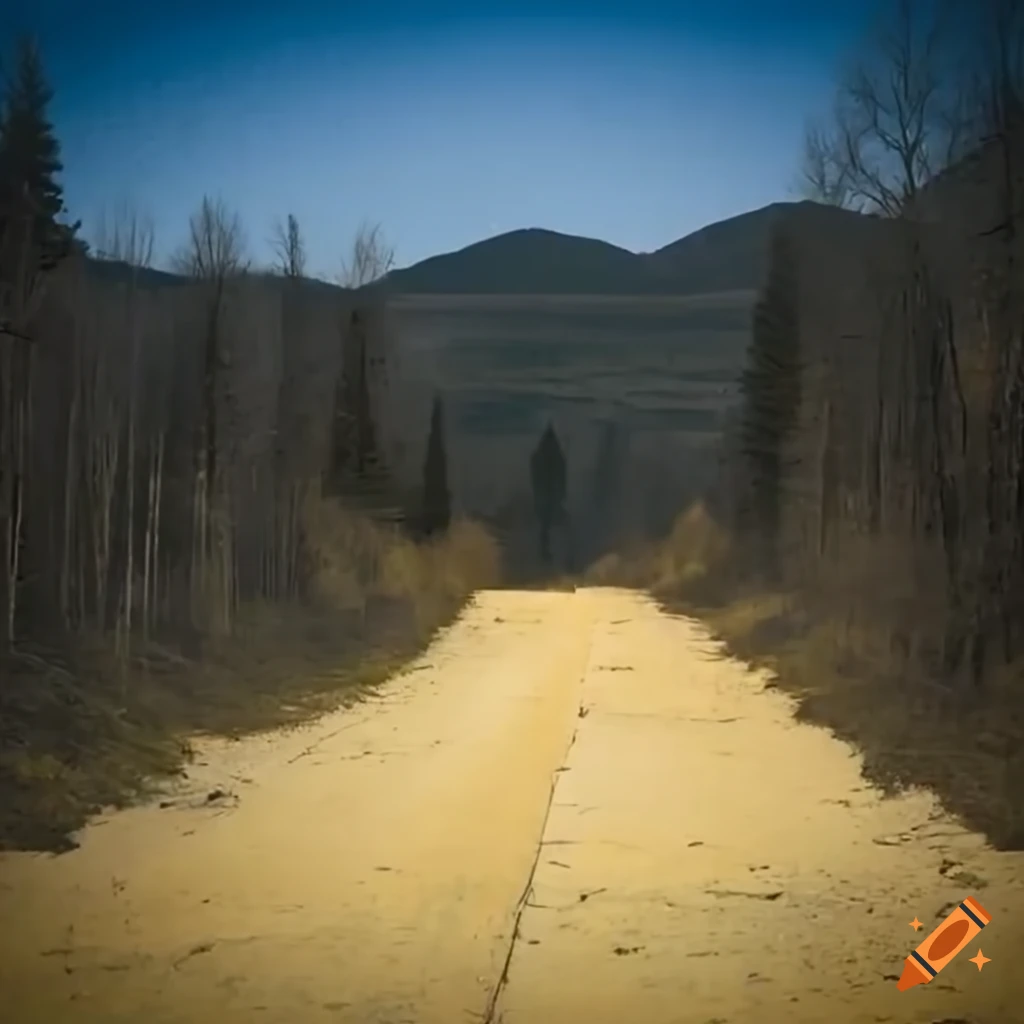 Ruined burned brick roads merging with yellow brick road in a wilderness setting
